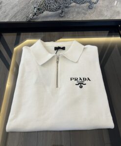Prada Luxury Style Men’s Long Sleeve Half Zip Sweatshirt – White