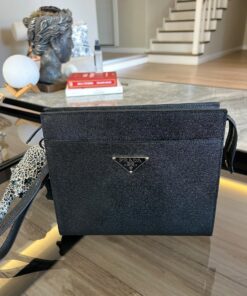 Premium Saffiona Leather Logo Clutch Black Bag